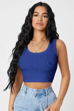 Kadın Lacivert Kare Yaka Crop Top Bluz