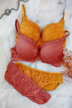 Kadın Hardal Ve Kiremit Rengi Dolgulu Balenli Sütyen Külot 2'li Paket