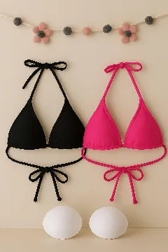 Kadın Siyah ve Fuşya Minimal Kesim Üçgen Bikini Üstü
