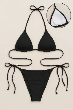 Kadın Siyah Yandan ve Boyundan Bağlamalı Bikini Mayo Takımı