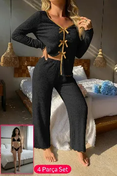 Kadın Siyah Fiyonklu İç Çamaşırı ve Uzun Kollu V Yaka Pijama Takımı 4'lü Set