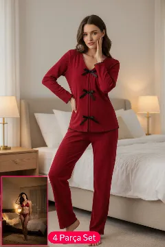 Kadın Bordo Fiyonklu İç Çamaşırı ve Uzun Kollu V Yaka Pijama Takımı 4'lü Set