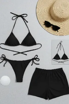 Kadın 3'lü Set Siyah Şortlu ve Yandan Bağlamalı Bikini Mayo Takımı