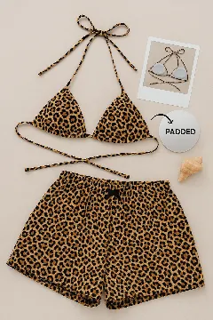 Kadın Leopar Desenli Şortlu Belden ve Boyundan Bağlamalı Bikini Takımı