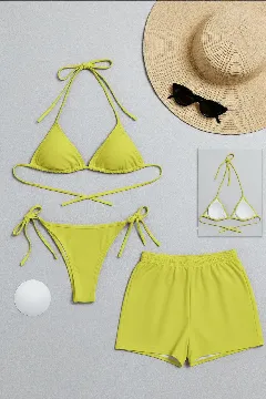 Kadın 3'lü Set Fosforlu Şortlu ve Yandan Bağlamalı Bikini Mayo Takımı
