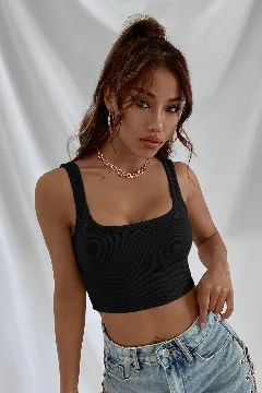 Kadın Siyah Kalın Askılı Crop Top Büstiyer
