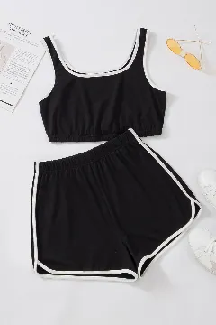 Kadın Siyah Askılı Crop Top ve Şortlu Gecelik Takım