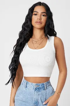 Kadın Beyaz Kare Yaka Crop Top Bluz