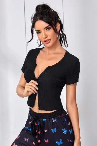 Kadın Siyah Çift Fermuarlı Yarım Kol Crop Top Bluz