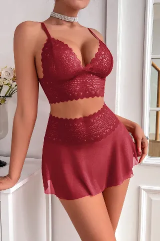 Kadın Bordo Dantel ve Tül Detaylı Etekli Şık Gecelik Takımı