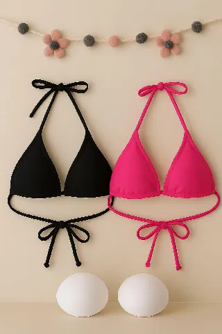 Kadın Siyah ve Fuşya Minimal Kesim Üçgen Bikini Üstü