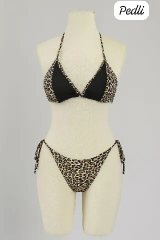 Kadın Siyah ve Leopar Detaylı Yandan Bağlamalı Bikini Takımı