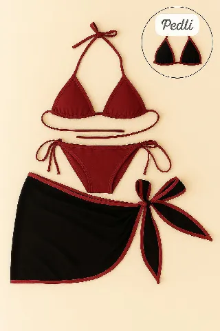 Kadın Bordo Siyah Pareolu Yandan ve Boyundan Bağlamalı 3'lü Bikini Takımı