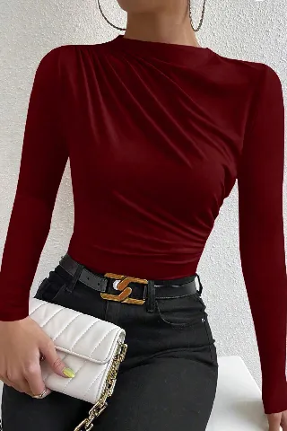Kadın Bordo Belden ve Boyundan Büzgü Detaylı Uzun Kollu Bluz