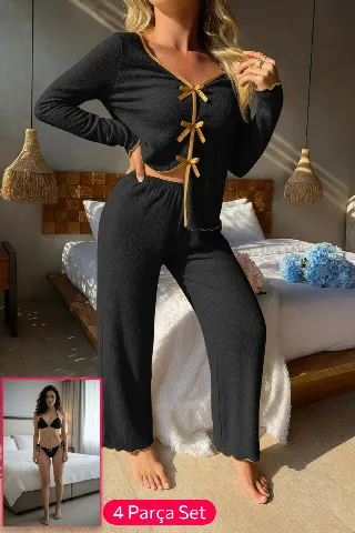 Kadın Siyah Fiyonklu İç Çamaşırı ve Uzun Kollu V Yaka Pijama Takımı 4'lü Set