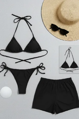 Kadın 3'lü Set Siyah Şortlu ve Yandan Bağlamalı Bikini Mayo Takımı