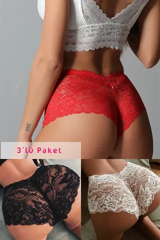 Kadın Siyah Beyaz Kırmızı 3'lü Paket Dantel Tanga Şort Külot