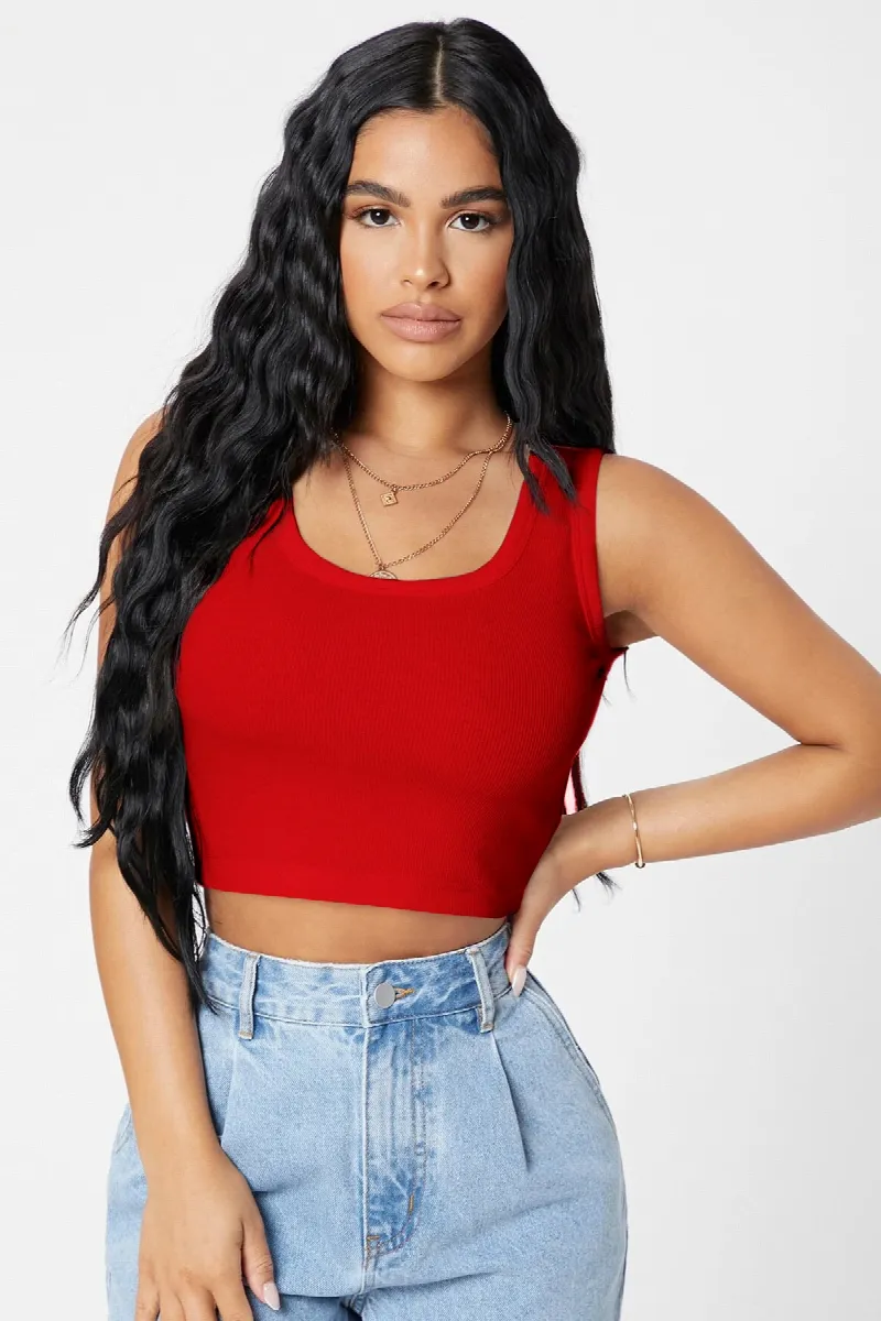 Kadın Kırmızı Kare Yaka Crop Top Bluz