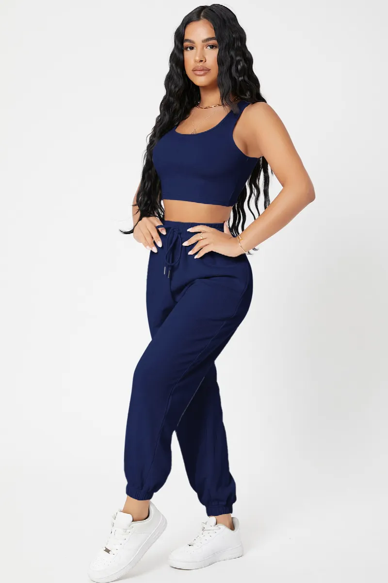Kadın Lacivert Kaşkorse Cepli Jogger Eşofman Altı ve Crop Top Bluz