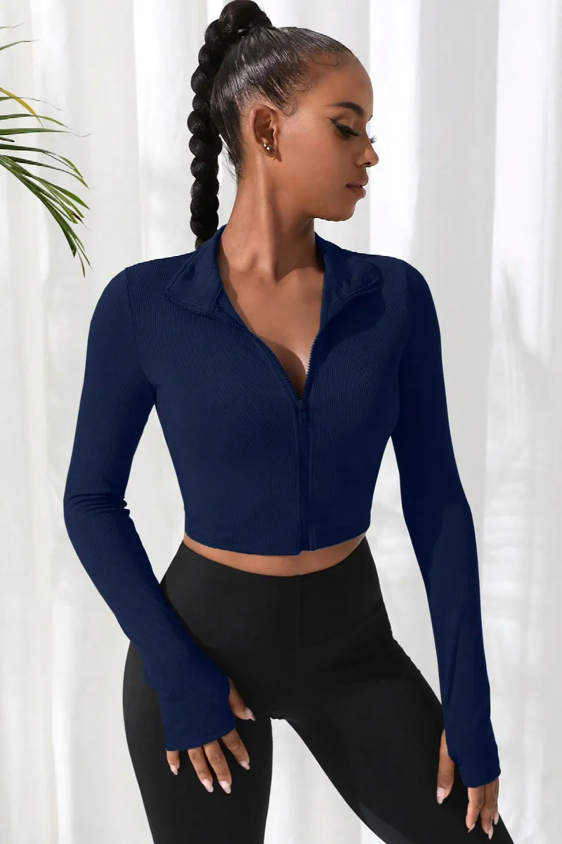 Kadın Lacivert Uzun Kol Fermuarlı Parmak Geçme Detaylı Dik Yaka Crop Top Bluz