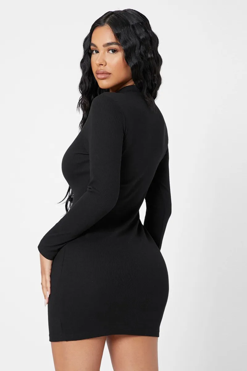 Kadın Siyah Kaşkorse Balıkçı Yaka Uzun Kollu Bodycon Mini Elbise