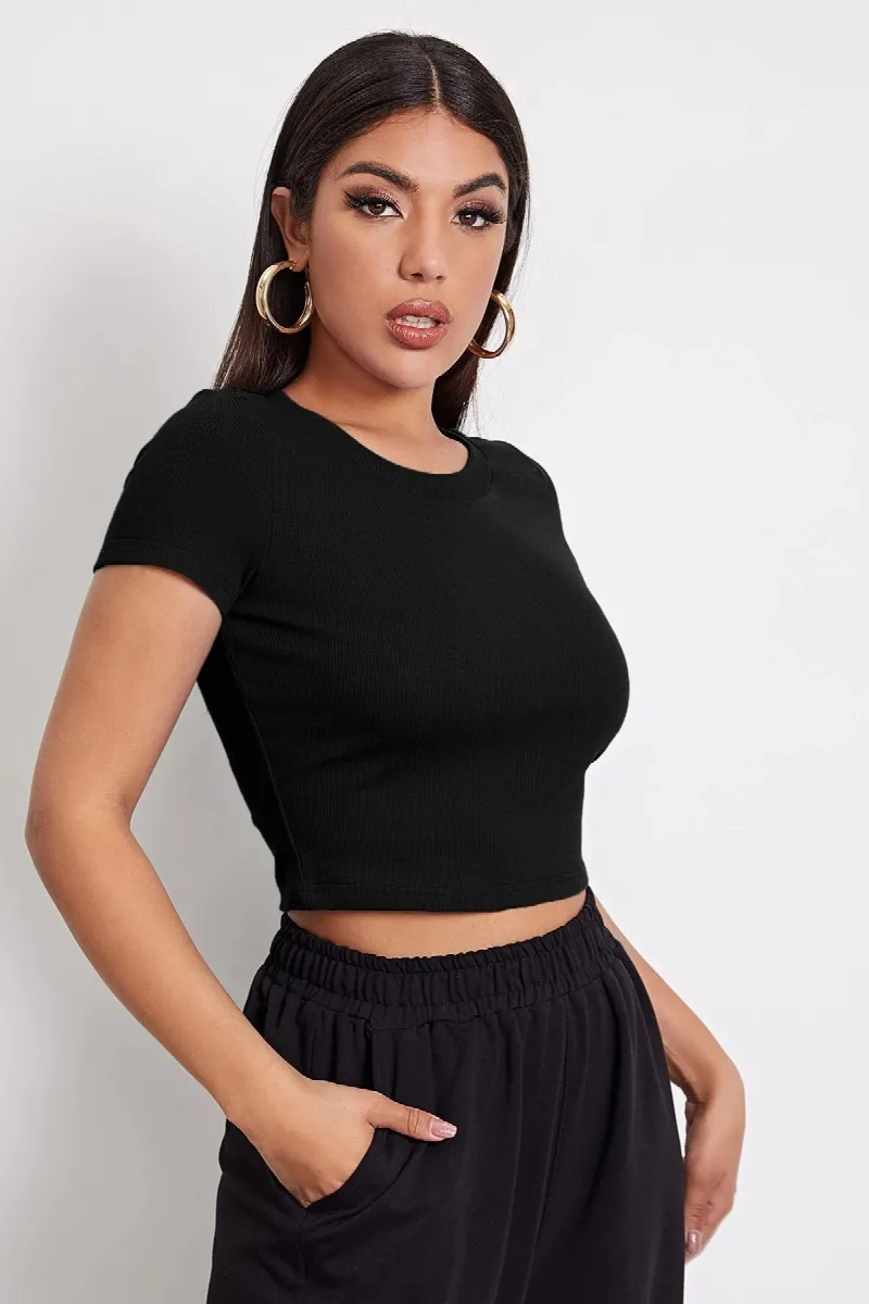 Kadın Siyah Yuvarlak Yaka Yarım Kol Crop Top Bluz