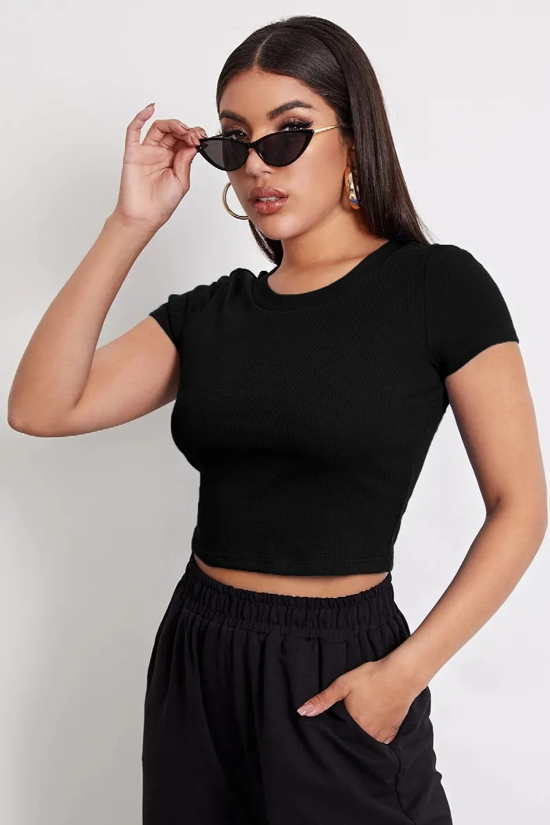 Kadın Siyah Yuvarlak Yaka Yarım Kol Crop Top Bluz