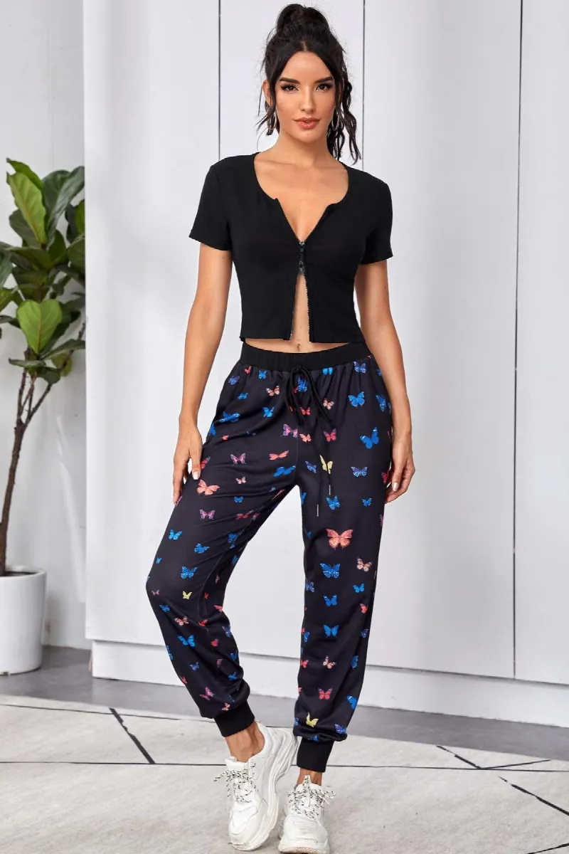Kadın Siyah Çift Fermuarlı Yarım Kol Crop Top Bluz