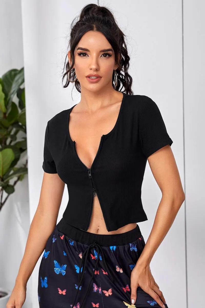 Kadın Siyah Çift Fermuarlı Yarım Kol Crop Top Bluz
