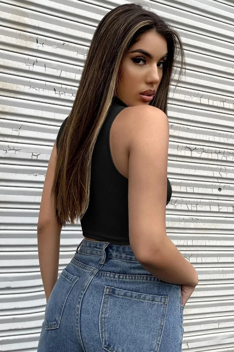 Kadın Siyah Yarım Fermuarlı Sıfır Kol Crop Top Bluz