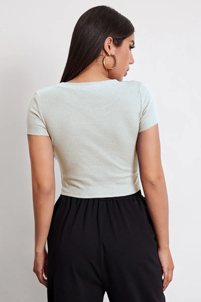 Kadın Beyaz Yuvarlak Yaka Yarım Kol Crop Top Bluz