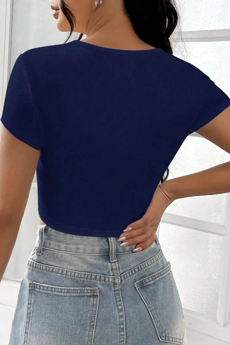 Kadın Lacivert Yarım Kol Düz Yaka Crop Top Bluz