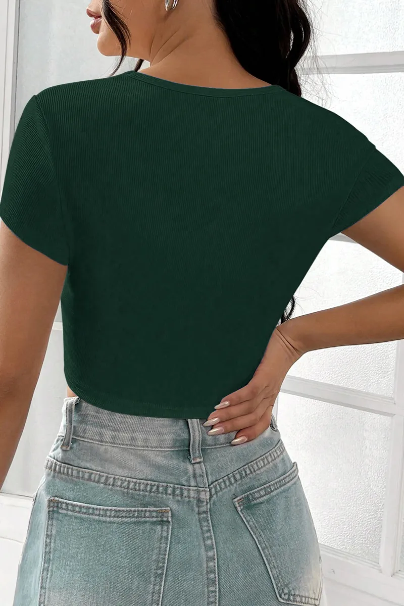Kadın Yeşil Yarım Kol Düz Yaka Crop Top Bluz
