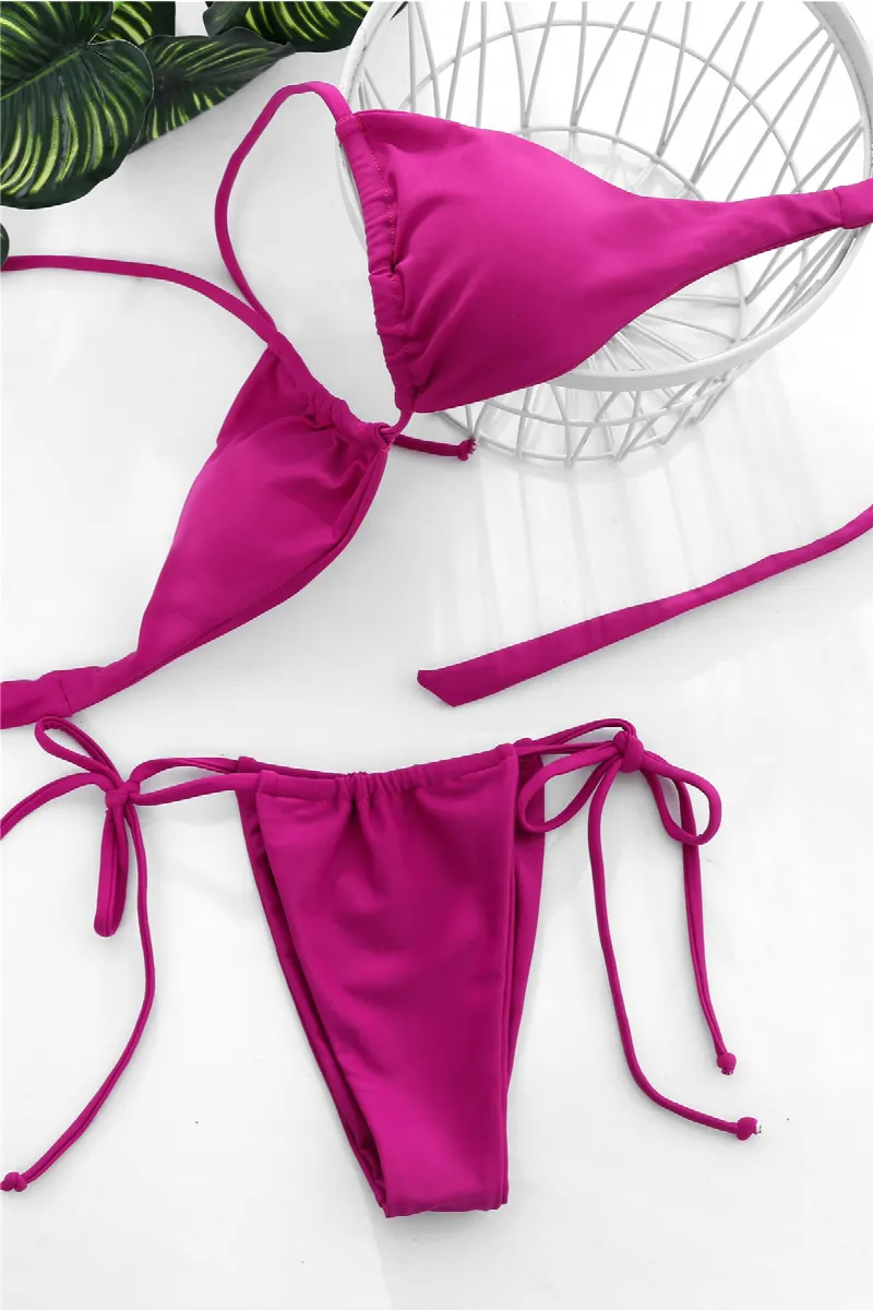 Kadın Fuşya Yandan Bağlamalı Tangalı Üçgen Bikini Mayo Takımı