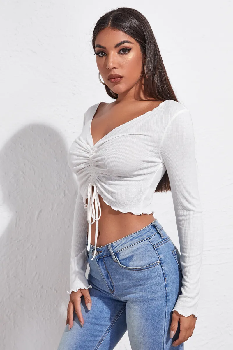 Kadın Beyaz Uzun Kollu Büzdürme Bağcık Detaylı Crop Top Bluz