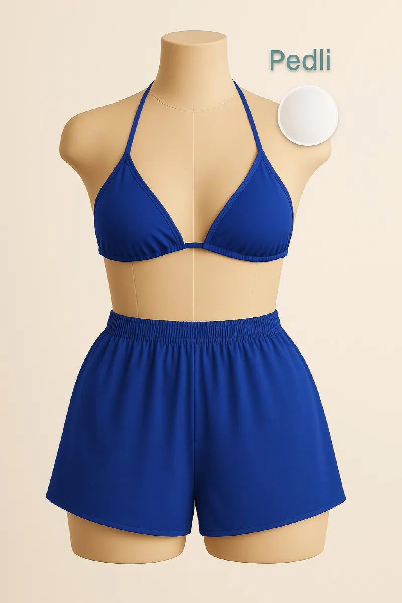 Kadın Mavi Şortlu Belden ve Boyundan Bağlamalı Bikini Takımı