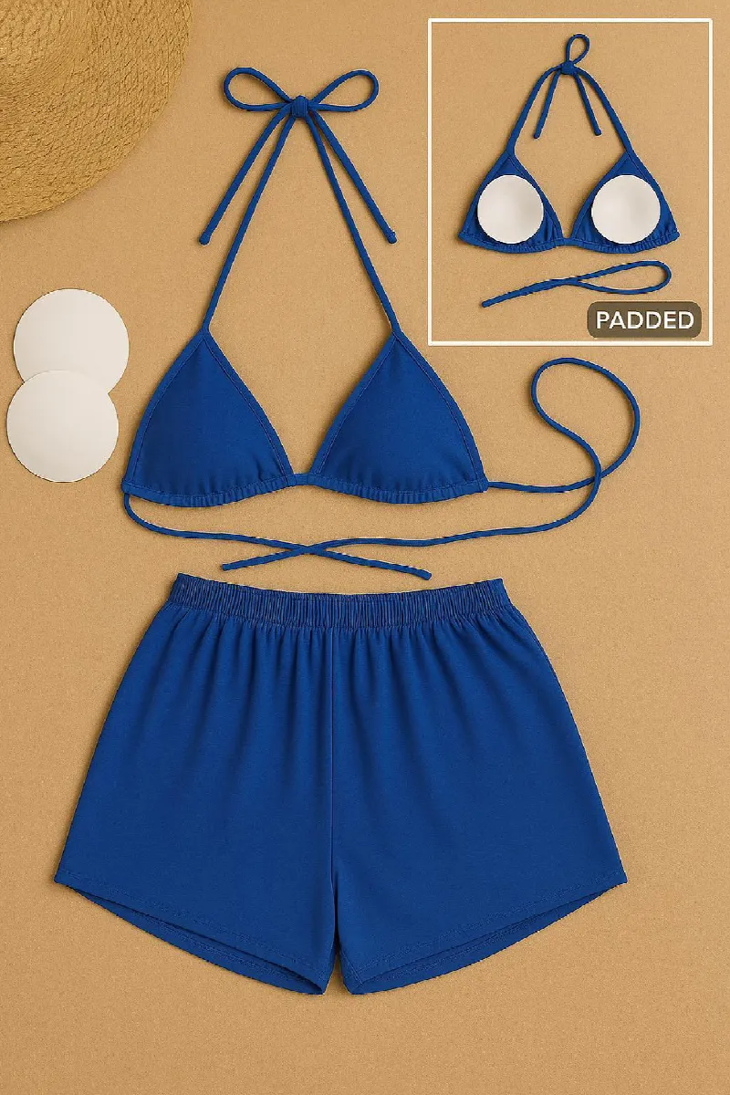 Kadın Mavi Şortlu Belden ve Boyundan Bağlamalı Bikini Takımı