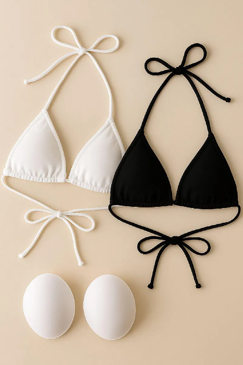 Kadın Siyah ve Beyaz Minimal Kesim Üçgen Bikini Üstü