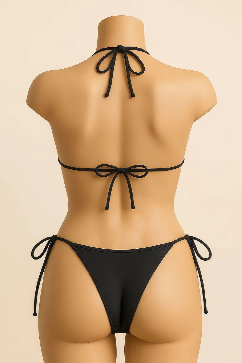 Kadın Siyah Yandan ve Boyundan Bağlamalı Bikini Mayo Takımı