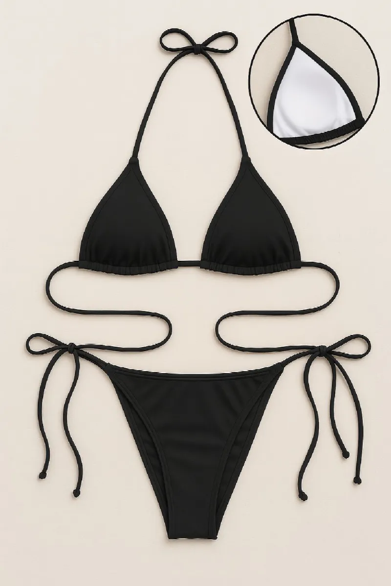 Kadın Siyah Yandan ve Boyundan Bağlamalı Bikini Mayo Takımı