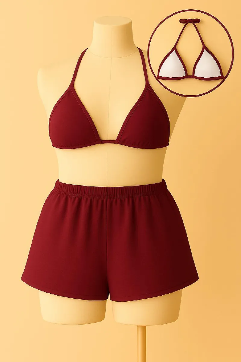 Kadın Bordo Şortlu Belden ve Boyundan Bağlamalı Bikini Takımı