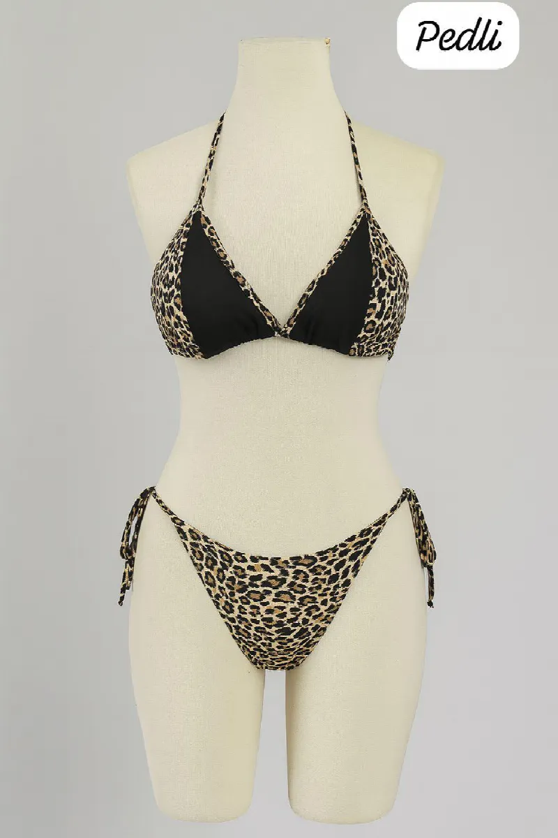 Kadın Siyah ve Leopar Detaylı Yandan Bağlamalı Bikini Takımı