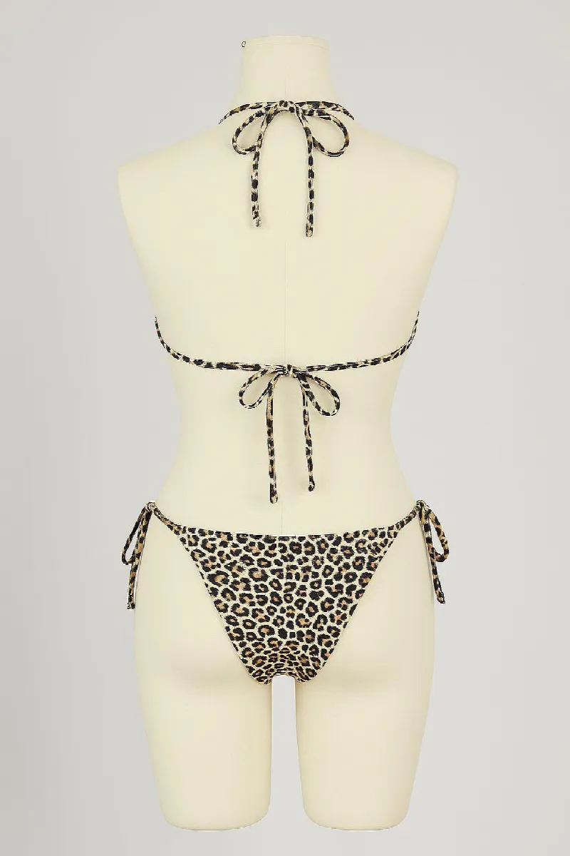 Kadın Siyah ve Leopar Detaylı Yandan Bağlamalı Bikini Takımı