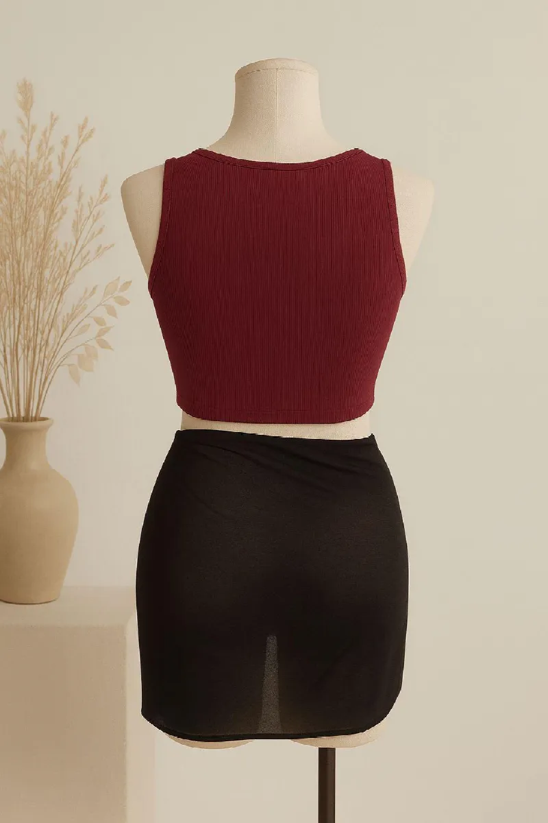 Kadın Bordo Yuvarlak Yaka Crop ve Siyah Pareo 2'li Set