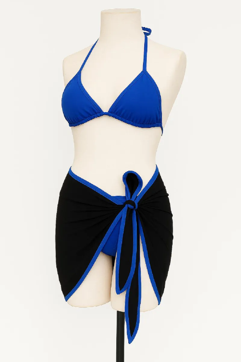 Kadın Mavi Pareolu Yandan ve Boyundan Bağlamalı 3'lü Bikini Takımı