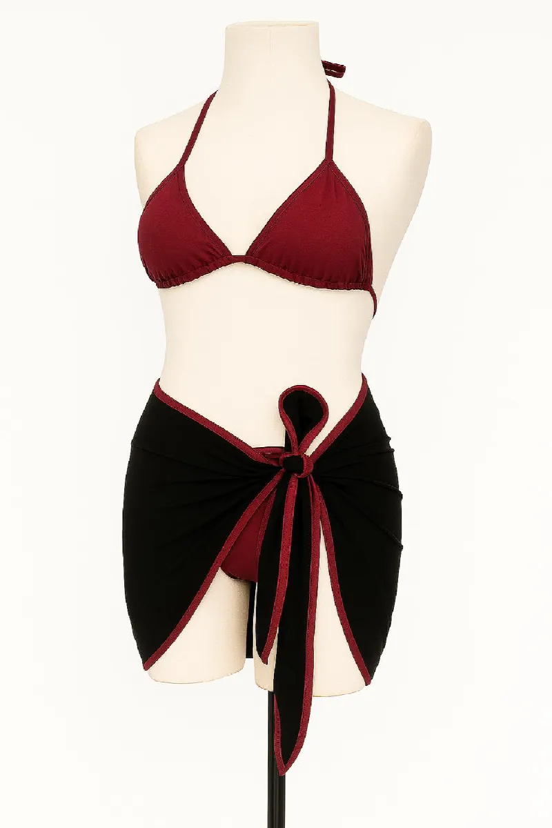 Kadın Bordo Siyah Pareolu Yandan ve Boyundan Bağlamalı 3'lü Bikini Takımı
