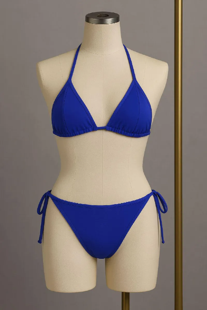 Kadın Mavi Yandan ve Boyundan Bağlamalı Bikini Mayo Takımı