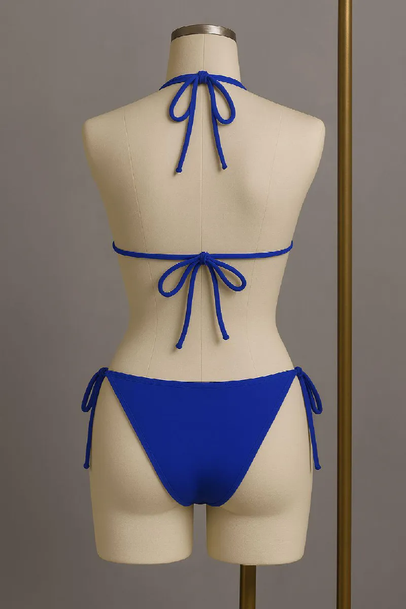 Kadın Mavi Yandan ve Boyundan Bağlamalı Bikini Mayo Takımı