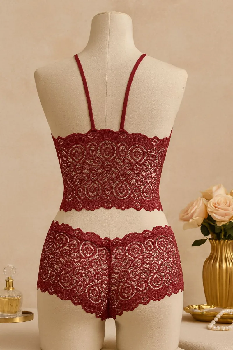 Kadın Bordo Dantel Bralet Şort Takımı – Asil ve Sofistike İç Giyim