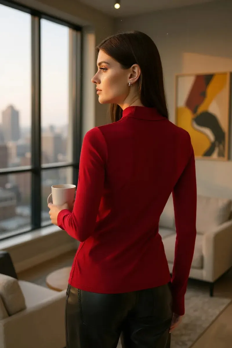 Kadın Bordo Parmak Detaylı Esnek Uzun Kollu Body